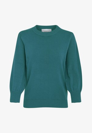 Maglione teal a maglia con colletto rotondo, maniche lunghe a sbuffo e polsini e orlo a coste. Tessuto liscio con un design casual.