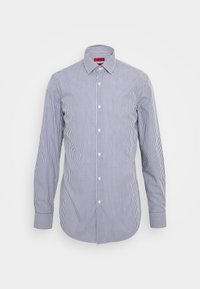 Gestreepte langetermijnshirt in marineblauw en wit, met een doorlopende knoopsluiting, standaardkraag en manchetten met contrasterende strepen. Gemoedelijke textuur.