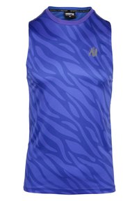 Mėlynas be rankovių sportinis marškinėlis su tekstūruota zebra modeli. Turi apvalų iškirpimą ir mažą sidabrinį logotipą krūtinėje.