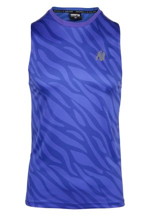 Débardeur de sport sans manches en bleu vif avec un motif zèbre texturé. Présente un col rond et un petit logo argenté sur la poitrine.