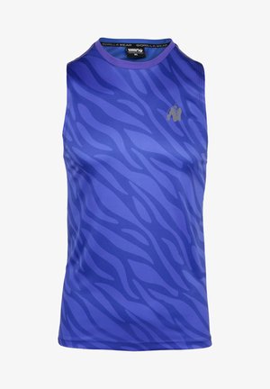 Mėlynas be rankovių sportinis marškinėlis su tekstūruota zebra modeli. Turi apvalų iškirpimą ir mažą sidabrinį logotipą krūtinėje.