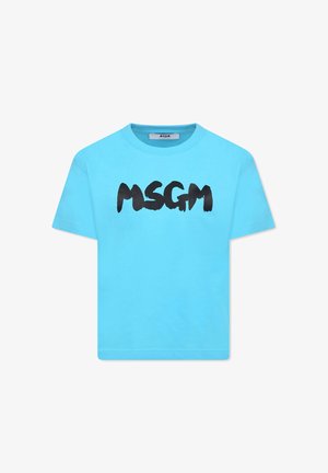 T-shirt di cotone azzurro chiaro con logo "MSGM" in pennellata nera sul petto. Collo rotondo classico e maniche corte.
