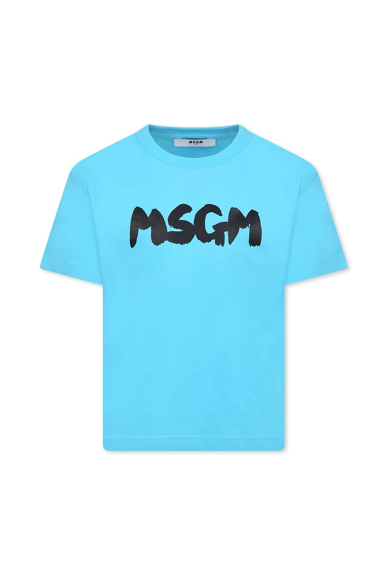 T-shirt di cotone azzurro chiaro con logo "MSGM" in pennellata nera sul petto. Collo rotondo classico e maniche corte.