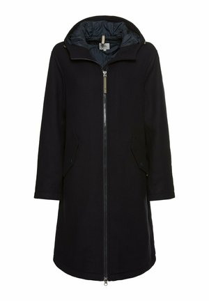 Navy blue, mid-length coat with a zipper closure, hood, and two front pockets. Made of a smooth, textured fabric with a lined interior.
