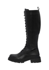 Stivali alti in pelle nera, con allacciatura frontale, suola robusta con scanalature e gambale largo per un comfort ottimale.