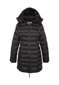 Schwarzer Steppmantel mit Reißverschluss vorne, gepolstertem Design und Kapuze. Zeichnet sich durch eine glatte Textur und elastische Bündchen aus. Markenzeichen ist im Inneren sichtbar.