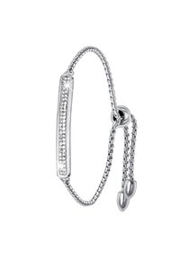 Zilveren armband met een delicaate ketting en staafontwerp. De staaf heeft een rij schitterende heldere stenen. Verstelbare sluiting voor maatvoering.