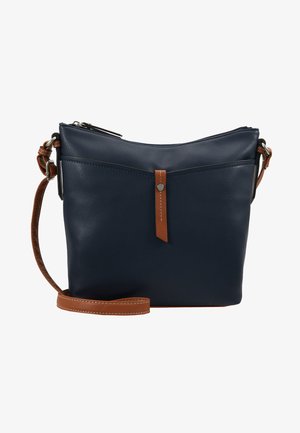 Borsa a tracolla in pelle blu navy con una superficie liscia, una tracolla con accento marrone e chiusura a linguetta frontale. Presenta una zip superiore e una tracolla regolabile.
