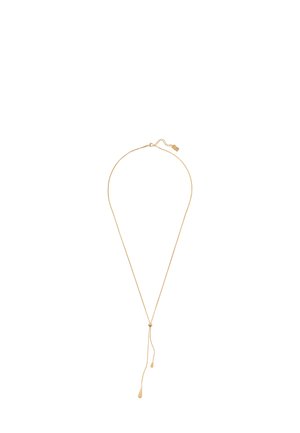 Guldtonet metall halskæde med et slankt design, der har en central knude, to afsmalnende ender, der hænger nedenfor, og en justerbar kædeklips.