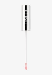 Clinique läppprodukt med ett glänsande silverlock, klar applikator med wand och mjuk rosa spets. Slät, elegant design med minimal varumärkesprofil.