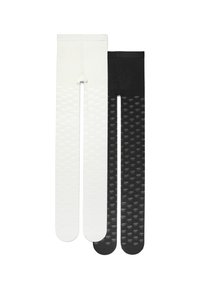 Dwie pary rajstop: jedna biała z teksturowanym wzorem, druga czarna z podobnym wzorem. Obie mają dopasowany krój i gładkie wykończenie.