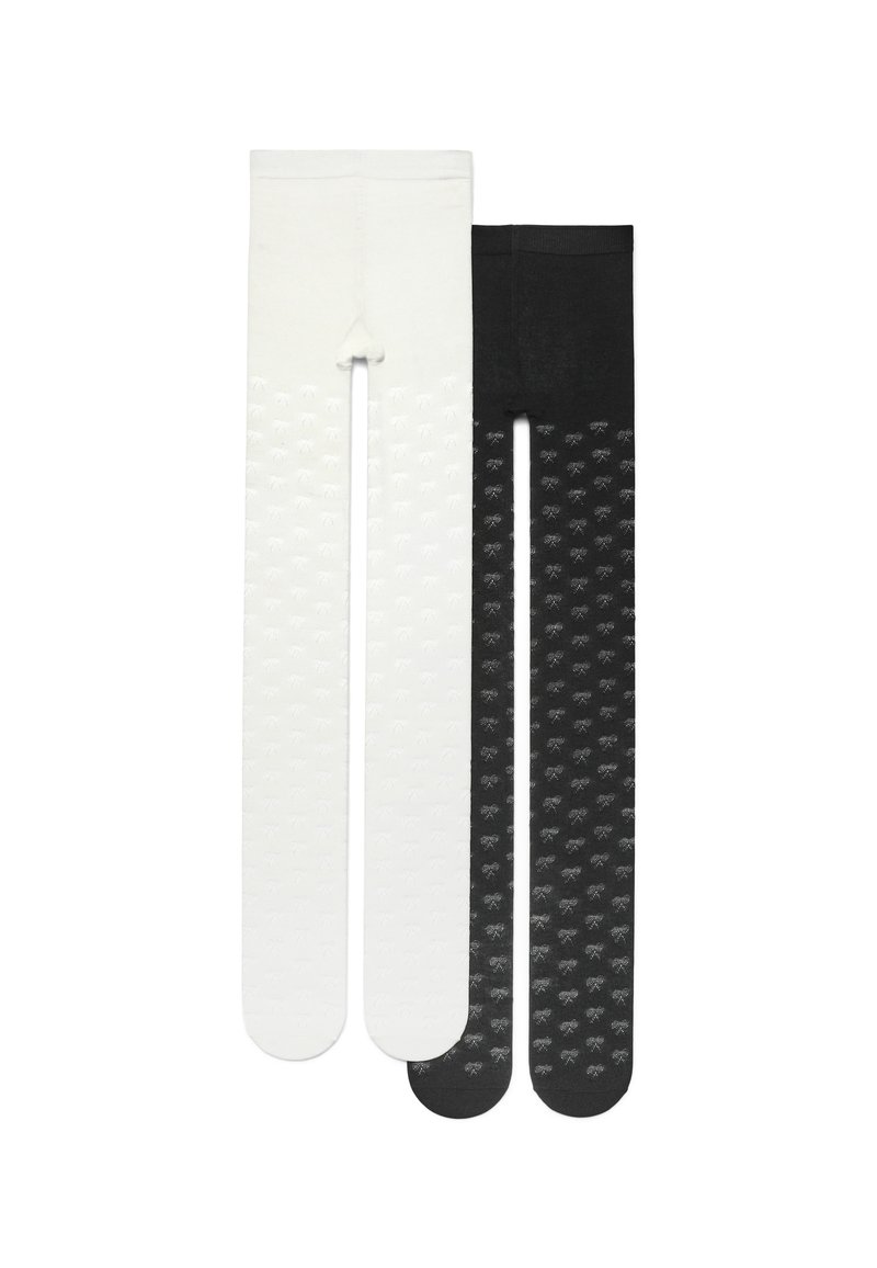 Dwie pary rajstop: jedna biała z teksturowanym wzorem, druga czarna z podobnym wzorem. Obie mają dopasowany krój i gładkie wykończenie.