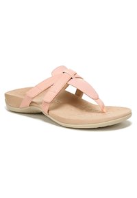 Light pink sandal with cross strap design, made of synthetic material. Soft textured footbed and beige outsole for comfort.