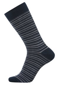 Marineblå strømpe med vandrette hvide striber. Har ribbet kant, glat tekstur, klassisk design og rund tå.