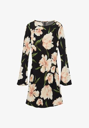 Čierne šaty s dlhými rukávmi a okrúhlym výstrihom, s kvetinovým vzorom v odtieňoch ružovej a zelenej. Hladká tkanina, dĺžka po kolená.