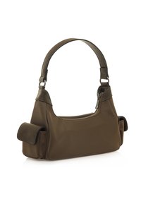 Sacoche en nylon brun avec une texture lisse, une forme courbée et un compartiment à fermeture éclair, dotée d'une poche latérale supplémentaire et d'une bandoulière ajustable.