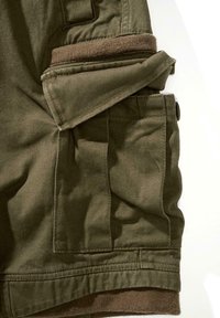 Alyvuogių žalių krovinių šortai su storu rudu vilnos pamušalu, šonuose kišenė ir siūlės, užtikrinančios patvarumą.