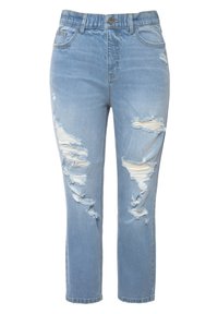 Jeans de denim azul claro con un ajuste slim y detalles desgastados, que presentan múltiples roturas y acentos deshilachados, así como un clásico diseño de cinco bolsillos.