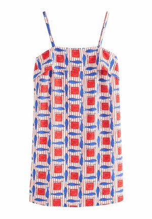 Ärmelloses Kleid mit dünnen Trägern, mit einem rot-weiß gestreiften Muster, das Reihen von blauen Fischen und roten Quadraten zeigt.