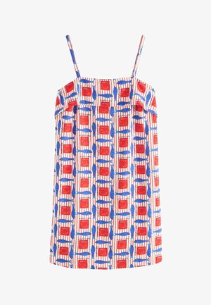 Sleeveless dress with thin straps, featuring a red and white striped pattern with rows of blue fish and red squares.