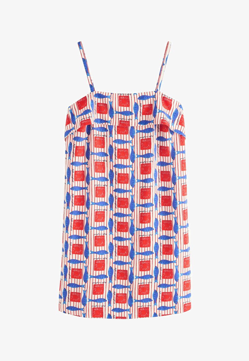 Robe sans manches avec fines bretelles, présentant un motif rayé rouge et blanc avec des rangées de poissons bleus et des carrés rouges.