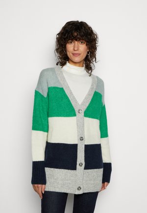 Gestreifter Cardigan in Grün, Blau, Grau und Weiß. V-Ausschnitt-Design mit Knopfverschluss und gerippten Bündchen, aus weichem, strukturiertem Material gefertigt.