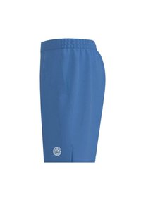 Blaue Sportshorts mit elastischem Bund, Seitentaschen und einem weißen Logo am Saum. Glattes Gewebe mit einem leichten Design.