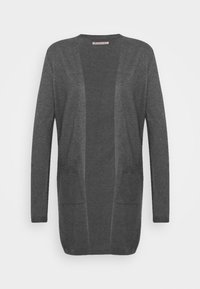 Mörkgrå stickad cardigan med öppen front, lång ärm och två framfickor, visad på en enkel vit bakgrund.
