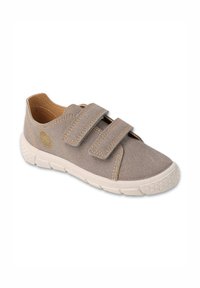 Szare buty z tkaniny z dwiema regulowanymi rzepami, teksturowaną gumową podeszwą oraz żółtymi przeszyciami na krawędziach.