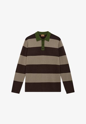 Langärmliges Poloshirt mit horizontalen Streifen in Dunkelbraun, Hellbeige und Grün. Weicher Stoff mit Kragen und Knopfleiste.
