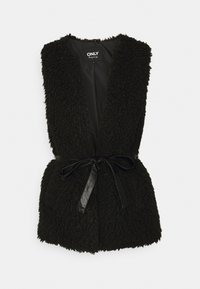 Czarna kamizelka bez rękawów z futra sztucznego, o teksturowanej powierzchni, z gładkim czarnym paskiem w talii i otwartym przodem.