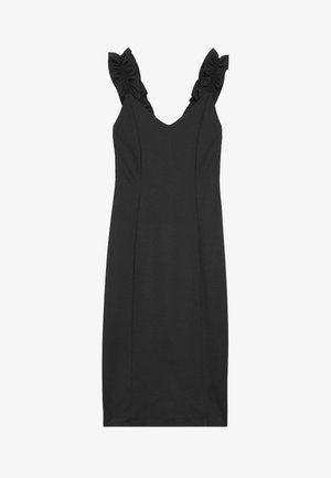 Robe noire sans manches avec des bretelles à volants, corsage ajusté et lignes épurées. Fabriquée en tissu extensible pour plus de confort.