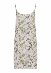 Vestido ligero sin mangas en tejido suave, con un estampado floral de hojas verdes y pájaros sobre un fondo rosa pálido.