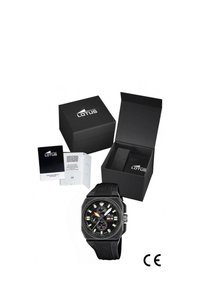 Black analog wristwatch with a square case, rubber strap, and multiple dials. Packaging includes a black box and instruction papers.