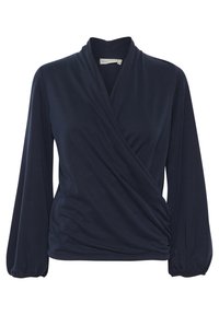 Blouse portefeuille bleu marine à manches longues avec poignets froncés et devant croisé drapé.