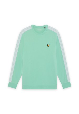 Felpa verde menta a maniche lunghe con strisce bianche sulle maniche e piccolo logo di un uccello giallo e nero sul lato sinistro del petto.