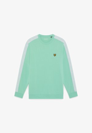 Felpa verde menta a maniche lunghe con strisce bianche sulle maniche e piccolo logo di un uccello giallo e nero sul lato sinistro del petto.