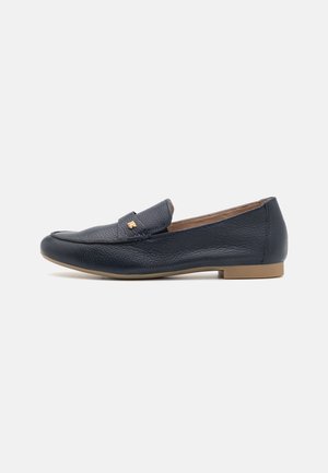 Navy leather loafers with a smooth texture, rounded toe, low heel, and a decorative accent on the front. Suitable for casual wear.