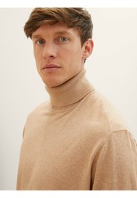 Pull en col roulé beige avec une texture douce et un col côtelé, présentant une coupe décontractée et des détails de couture minimalistes.