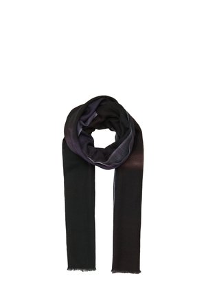 Zwarte en donkerpaarse gradient sjaal gemaakt van zacht materiaal. Kenmerkt rafelige uiteinden en een gladde textuur, ontworpen in een cirkelvormige opstelling.