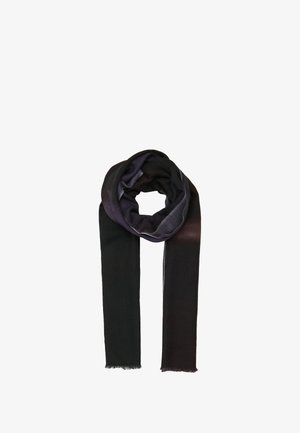 Zwarte en donkerpaarse gradient sjaal gemaakt van zacht materiaal. Kenmerkt rafelige uiteinden en een gladde textuur, ontworpen in een cirkelvormige opstelling.