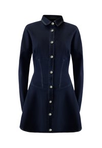 Donkerblauwe blousejurk met lange mouwen, een getailleerde taille, kraag en zilveren ronde knopen aan de voorkant.