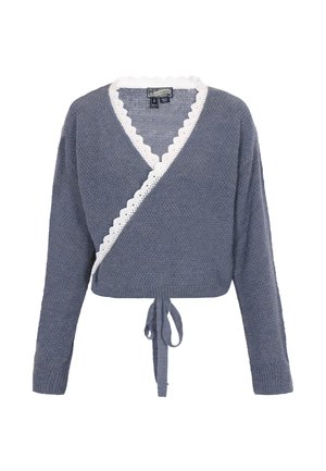 Grå cropped omslagstrøje med lange ærmer, der har en hvid bølget blondekant langs halsudskæringen og en båndlukning i taljen.