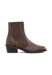 Stivaletto alla caviglia in camoscio marrone con cuciture decorative, punta appuntita e tacco modesto. Presenta pannelli elastici laterali per una facile calzata.