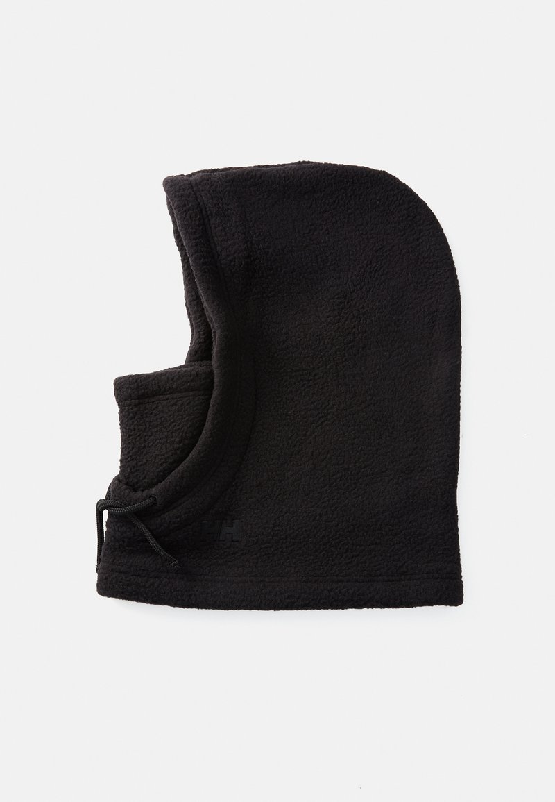 Moleton preto de fleecy com um formato arredondado, apresentando uma área para máscara facial incorporada. O tecido tem uma aparência suave e texturizada e um cordão ajustável.