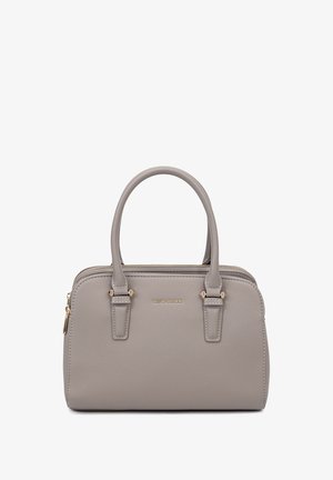 Grijze faux leren handtas met twee handvatten, ritssluiting en Hardware in goudkleur. Kenmerkt zich door een gladde textuur en minimalistisch ontwerp.