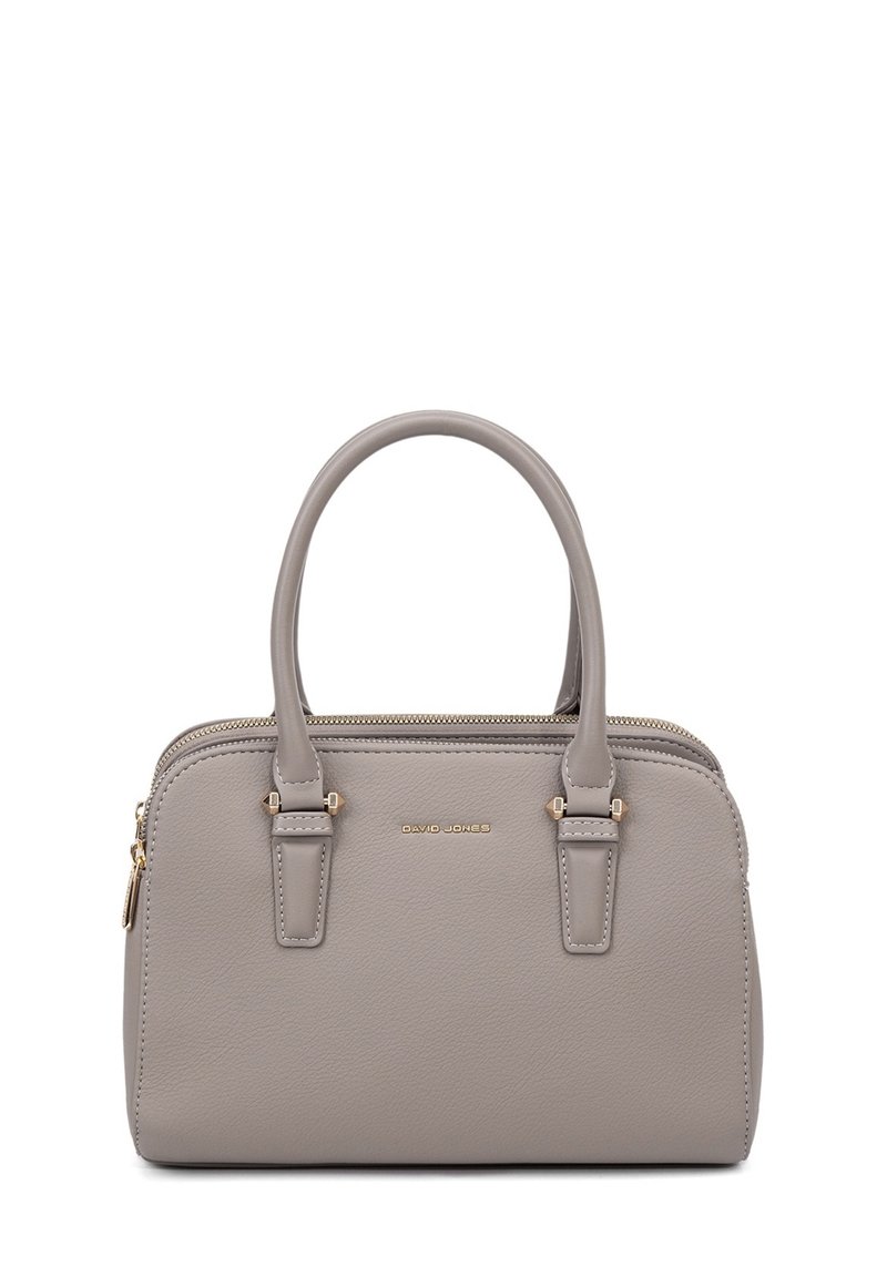Borsa a tracolla grigia in pelle sintetica con due manici, chiusura con zip e hardware in tonalità oro. Presenta una texture liscia e un design minimalista.