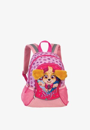 Sac à dos rose pour enfants avec un personnage de chien de dessin animé, des oreilles jaunes duveteuses, un motif de cœur et des poches latérales en filet.