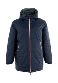 Giacca imbottita blu navy con cappuccio. Presenta una zip frontale con accenti rossi e due tasche laterali con zip. Tessuto morbido, vestibilità rilassata.