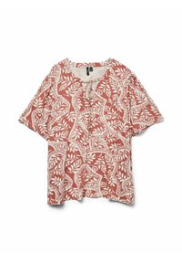 Top de manga corta en un tejido rojo-rosado con un patrón de hojas blancas, con un escote redondo y un detalle de lazada en la parte delantera.